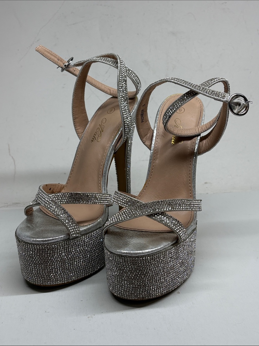 Metallic Silver Rhinestone Platform Heels by - Women